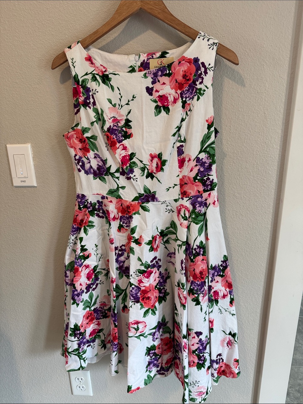Grace Karin White Floral Mini Dress with Pink and Purple Flowers